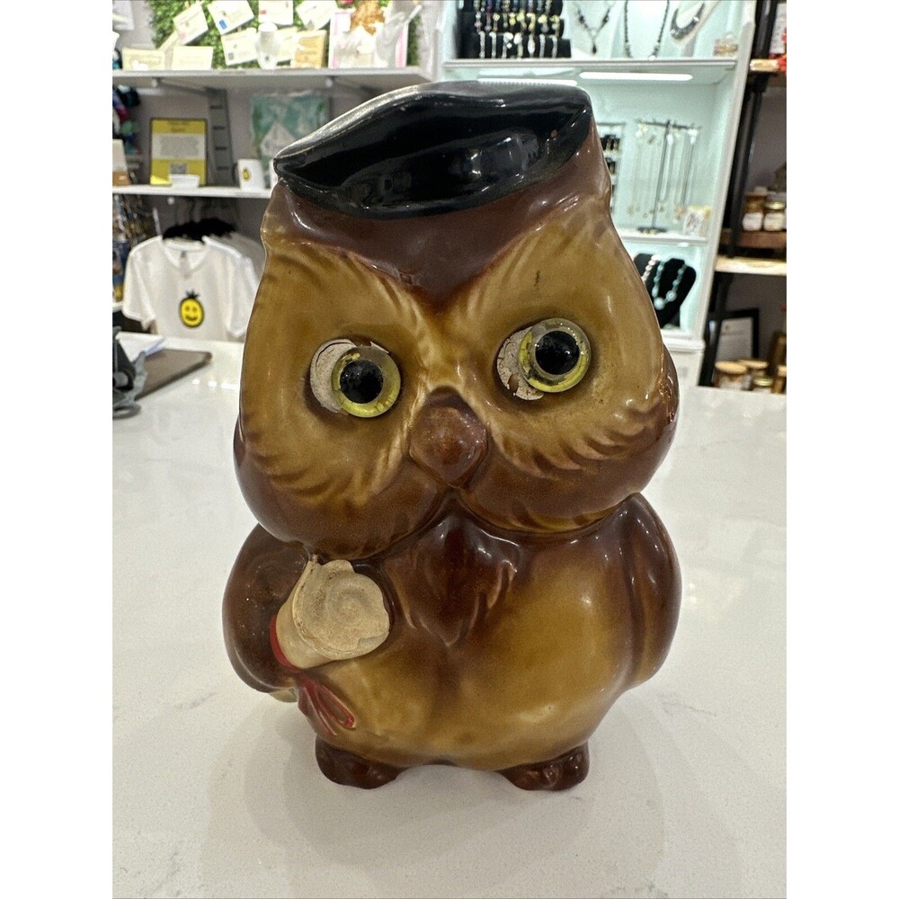 Vintage Graduate Wise Owl Ceramic Coin Bank Lefton Japan 3893 Stopper & Label 6”